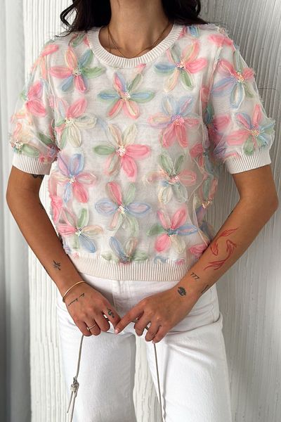 FEMELLE Women's Pink Tulle Flower Sequin Sequin Embroidered 100% Cotton Thin Knitwear Blouse