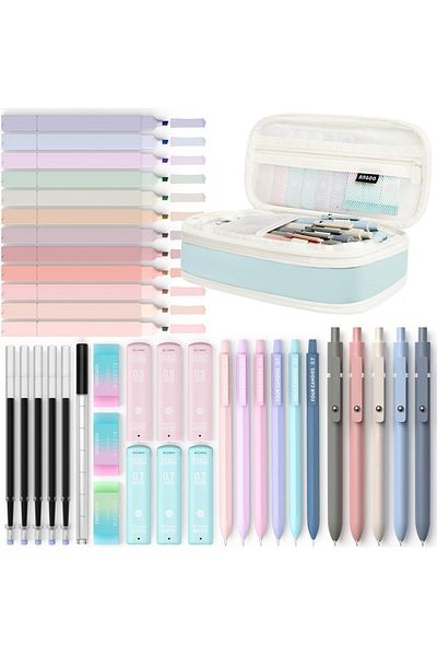 erorex 39 Pcs Aesthetic School Supplies With Pen Case 12 Pastel Highlighters 5 Black Ink Gel Pens 6