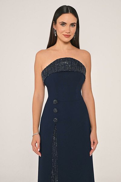 ALFABETA Alfa Beta Women Strapless Slit Sequined Crepe Long Evening Dress