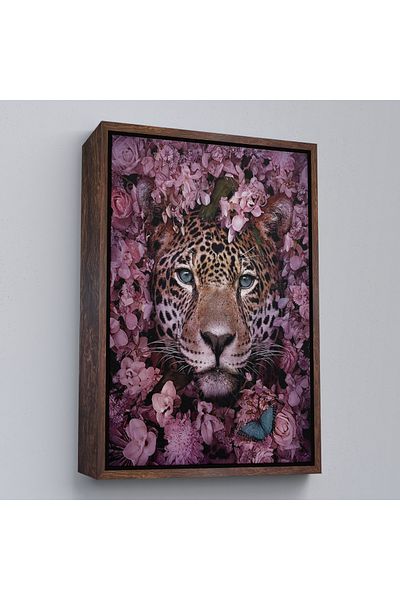 Harita Sepeti Διακοσμητικός πίνακας τοίχου Wild Leopard με ροζ λουλούδια σε καφέ πλαίσιο
