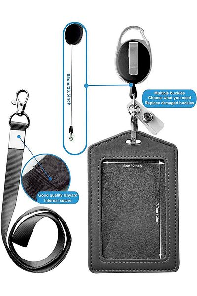 erorex Leather Id Card Case Badge Holders With Clear Id Window Detachable Neck Lanyard Strap And