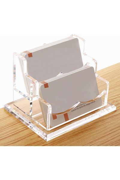erorex 2 Tier Acrylic Business Card Holder For Desk Premium Clear Card Organizer With Non Slip Base Holds