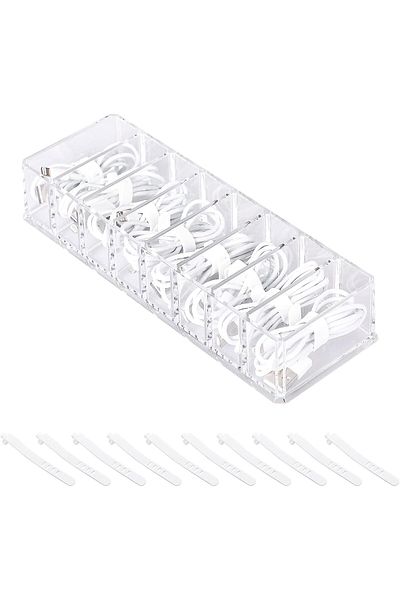 erorex Plastic Cable Management Box With 10 Wire Ties Clear Power Cord Organizer With 8 Compartments