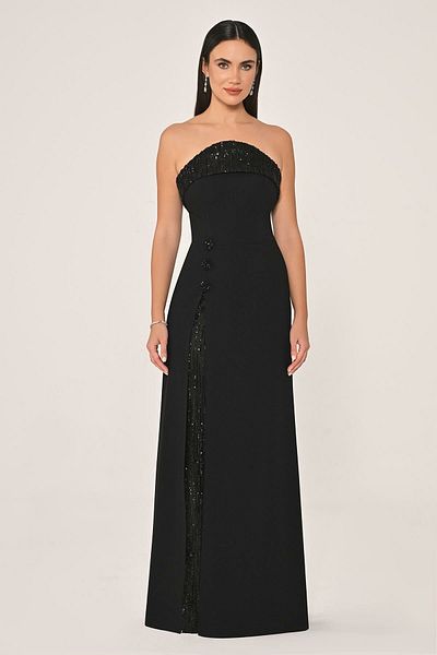 ALFABETA Alfa Beta Women Strapless Slit Sequined Crepe Long Evening Dress