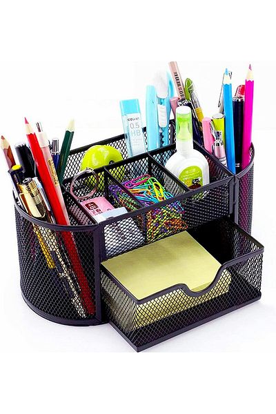 erorex Mesh Desk Organiser Large Capacity Desk Tidy Metal Pen Holder With 8 Compartments And 1 Drawer
