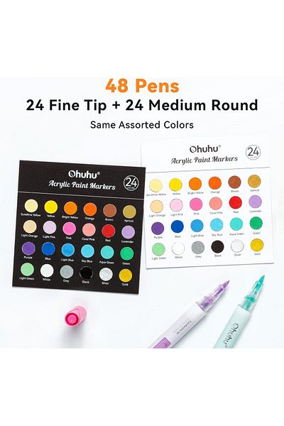 erorex 48 Pcs Acrylic Paint Pens : Double Pack Of Fine Tip And Reversible Tips Chisel And Round 24 Colors