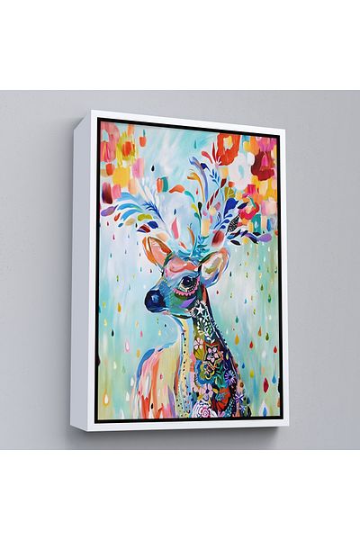 Harita Sepeti Pictură decorativă de perete cu cerb cu flori colorate cu cadru alb