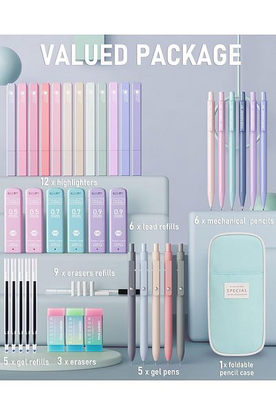 erorex 39 Pcs Aesthetic School Supplies With Pen Case 12 Pastel Highlighters 5 Black Ink Gel Pens 6