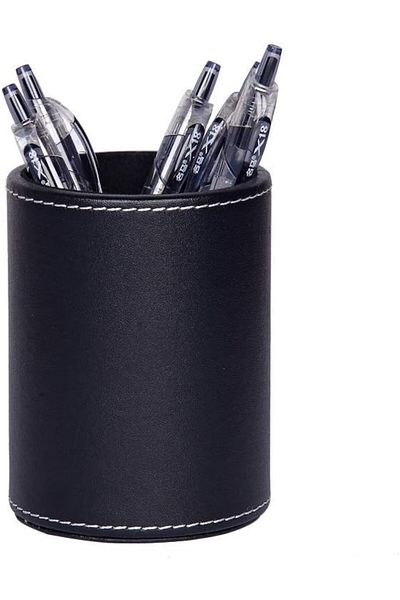 erorex 1Pc Black Pu Leather Round Pencil Pen Cup Holder Stand Desk Organizer Desktop Stationery Container
