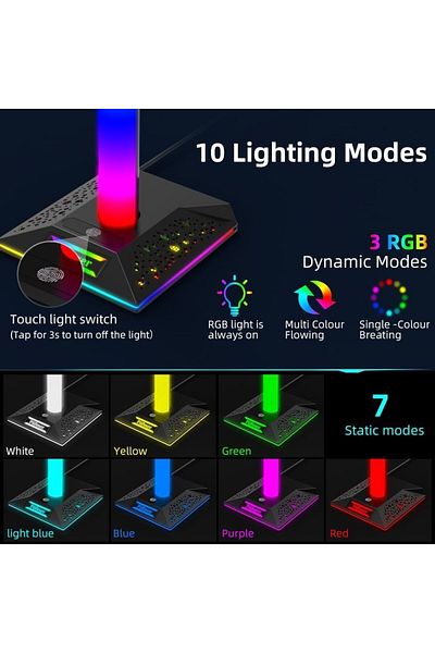erorex حامل سماعة رأس RGB أسود