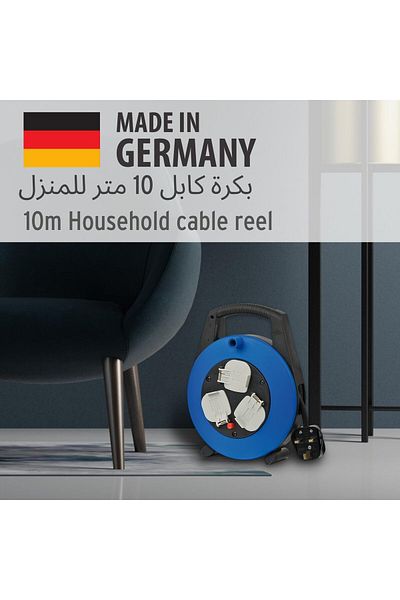 erorex صندوق كابلات Vario Line ثلاثي الاتجاهات، كابل تمديد 10 أمتار، صندوق بكرة كابلات بلاستيكي صغير محمول مع