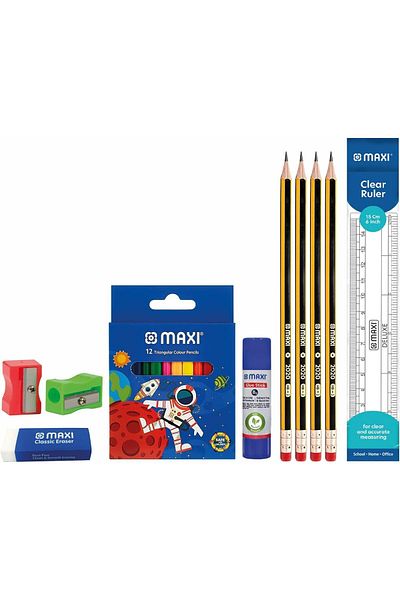 erorex School Stationery Basic Kit Color Pencil 12Colour+Graphite Pencil 4Pcs+Ruler 15Cm+Glue Stick