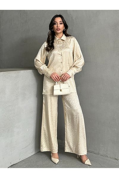 MD trend Women's Necklace Detailed Patterned Satin Oversize Shirt and Trousers Double Set
