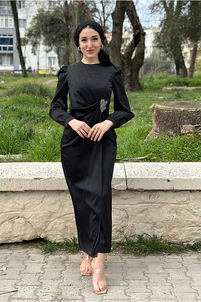 Moda Rosa 24Y9290 - BLACK - WAISTED BROUSH SATIN ABYE DRESS