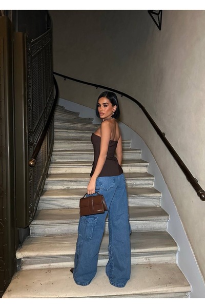 Diviny Women's Blue Cargo Pocket Model Wide Leg Regular Fit Jean