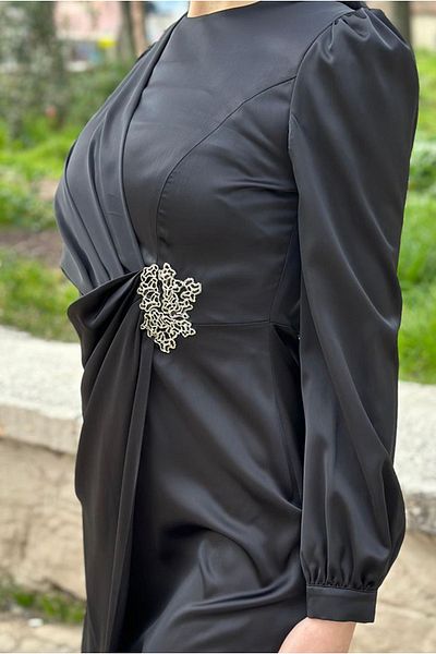 Moda Rosa 24Y9290 - BLACK - WAISTED BROUSH SATIN ABYE DRESS