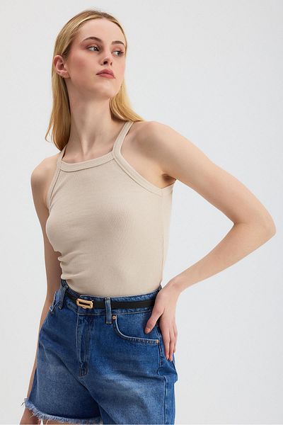 Rays Beige -1121 Zero Sleeve Ribbed Halter Neck Basic Tank Top
