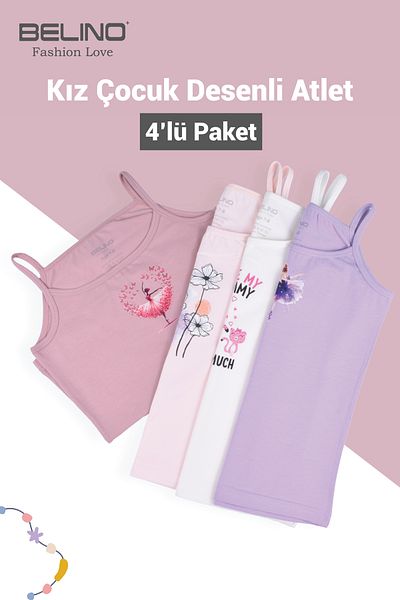 BELİNOPLUS Tricou cu bretele pentru fete, cu modele mixte imprimate, pachet de 4