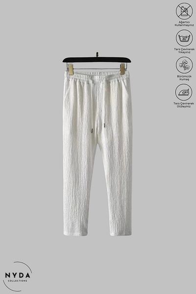 Nyda Collections Λευκό τυλιγμένο ύφασμα Crinkle Summer Lycra Γυναικείο Ανδρικό Παντελόνι Φούτερ