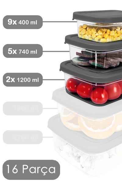 Meleni Home Gray Microwave Suitable 16-Piece Rectangular Food Container Set Organizer