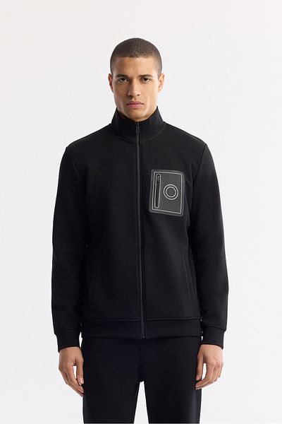 Avva Men's Black Stand Collar Injection Printed Zippered Interlock A51Y1219