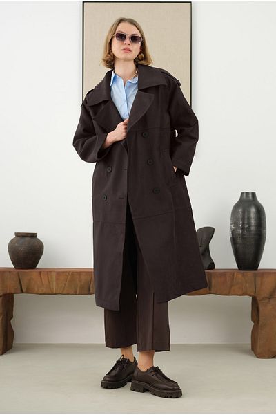 HEQA Suede Trench Coat and Bitter Brown