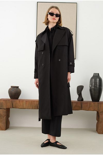 HEQA Long Classic Trench Coat - Black