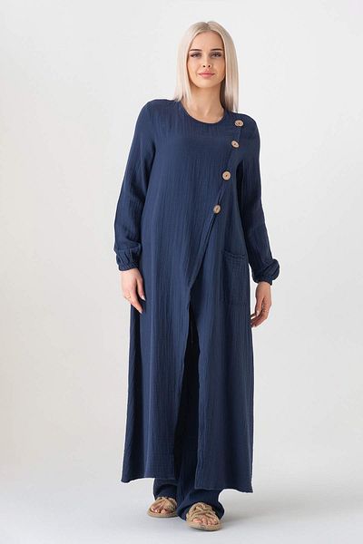 Fashion Showcase Tunica hijab din țesătură de muselină, cu detaliu de nasturi, cu fantă în față, 100% bumbac - bleumarin