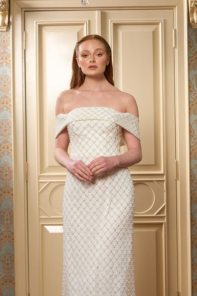 Lenta Wedding White Stone Embroidered Madonna Collar Pencil Midi Length Engagement and Evening Dress