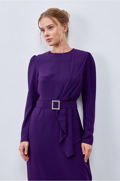 Moda Rosa 24K9275 - DARK PURPLE - PUANE STONE BELTED CREP ABIYE DRESS