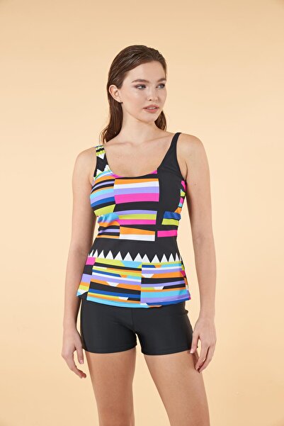Estiva Geometric Patterned Tankini with Shorts - Black Color
