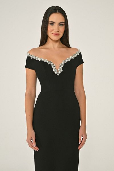 ALFABETA Alfa Beta Women's Off Shoulder Collar Accessory Crepe Long Dress Evening Dress