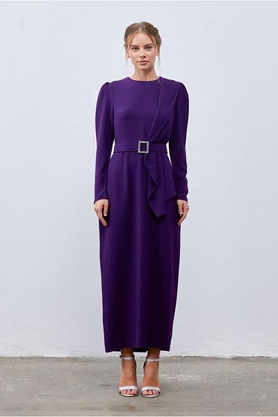 Moda Rosa 24K9275 - DARK PURPLE - PUANE STONE BELTED CREP ABIYE DRESS