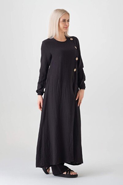 Fashion Showcase Muslin Fabric Button Detail Front Slit 100% Cotton Hijab Tunic - Black