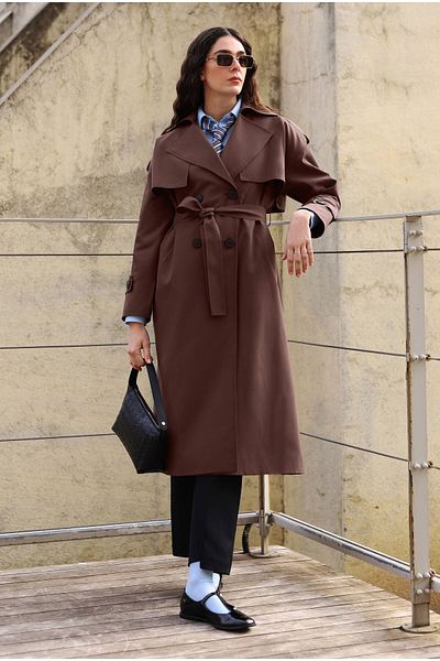 HEQA Long Classic Trench Coat and Bitter Brown