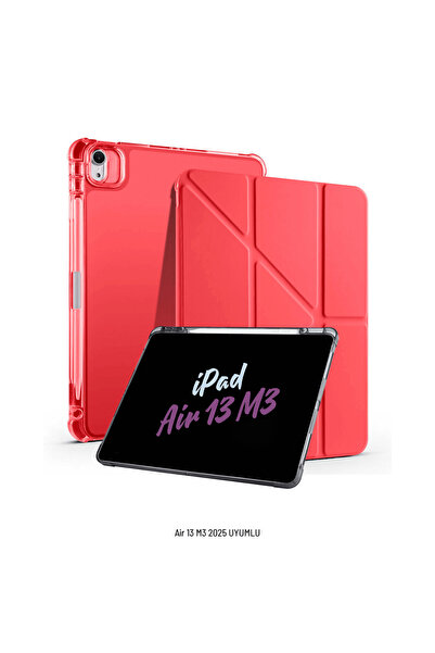Fuchsia iPad Air 13 inç 2025 M3 Çip Uyumlu Kalem Bölmeli Standlı Akıllı Fuchsia Trifolding Tablet Kılıfı