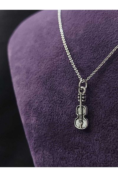 sarıyer silver Violin Figured Music and Instrument Themed Violin Modern Embroidered Steel Necklace