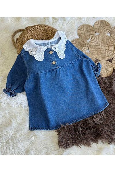 Teeny Weeny Kids Rochie de denim cu detaliu cu rever pentru fetiță