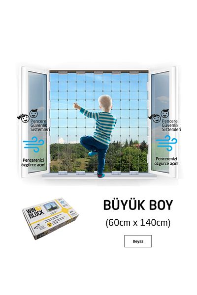 WINBLOCK 60x140 cm Large Size Children's Window Steel Safety Net - New Generation Guardrail - White Profile