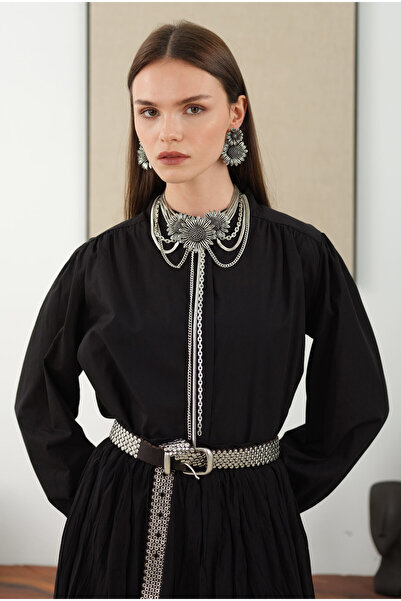 HEQA Omzu Büzgülü Poplin Gömlek Siyah