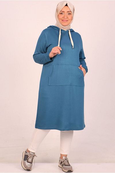 Moda Rosa 25K48006 - Indigo - Large Size Crystal Tunic with Kangaroo Pocket and Two Thread