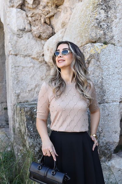bytugcekaya Κοντομάνικη μπλούζα Camel Standard Size με πέτρες