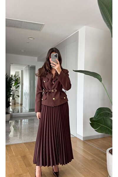 My Blog Kahverengi Düğme Detaylı Ceket Pileli Etek Takım - 250321