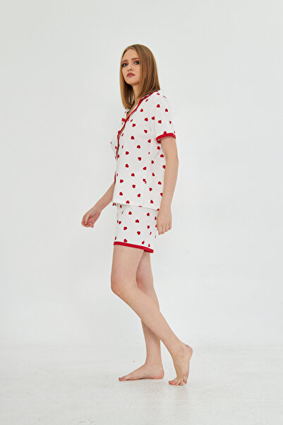 Avones Women's Short Sleeve Button Front Heart Patterned Shorts Pajama Set