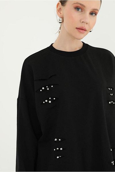 Moda Rosa 24Y4349 Black Polka Dot Style Stone Detailed Sweatshirt