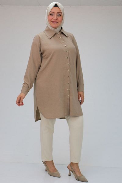 Moda Rosa 24Y38118 - Mink - Large Size Linen Airobin Shirt, Buttoned