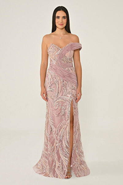 ALFABETA فستان سهرة طويل من ألفا بيتا بكتف واحد وفتحة جانبية