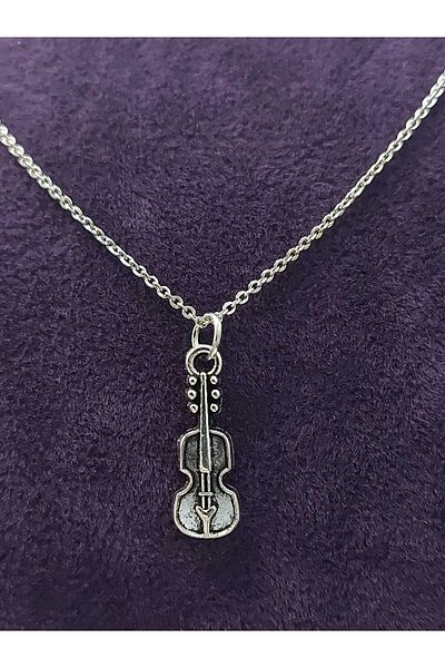 sarıyer silver Violin Figured Music and Instrument Themed Violin Modern Embroidered Steel Necklace