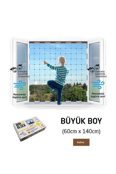 WINBLOCK 60x140 cm Large Size Children's Window Steel Safety Net - New Generation Guardrail - Brown Profile