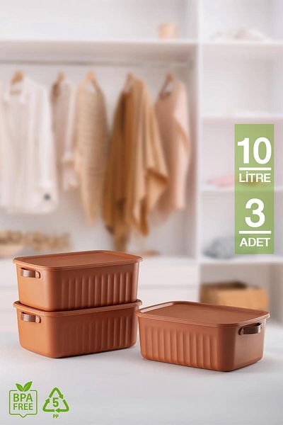 HOMENIVA 3 Pieces 10 Lt Multi-Purpose Organizer Box with Lid, Decorative Storage Box